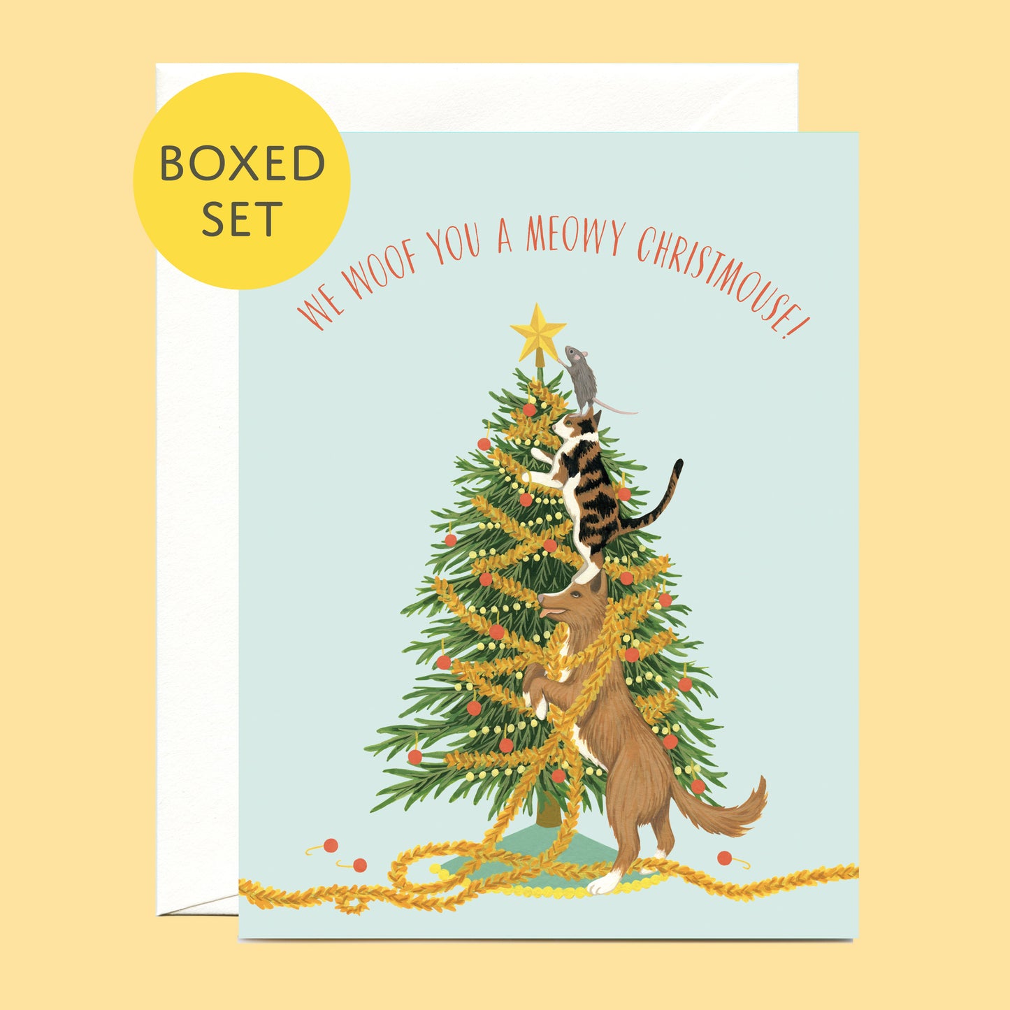 MEOWY CHRISTMOUSE DOG, CAT AND MOUSE - HOLIDAY GREETING CARDS, BOXED SET OF 8