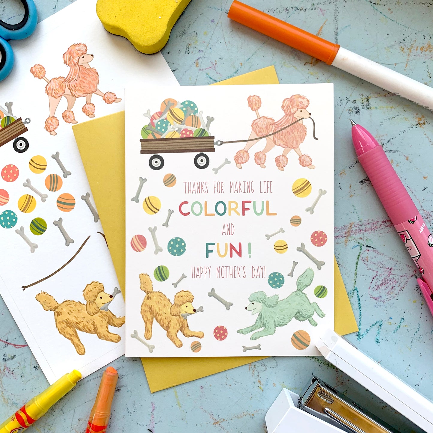 COLORFUL POODLE AND PUPS - MOTHER'S DAY GREETING CARD