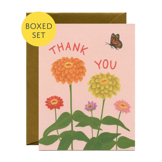 ZINNIA FLOWER AND MONARCH BUTTERFLY - THANK YOU GREETING CARDS, BOXED SET OF 8